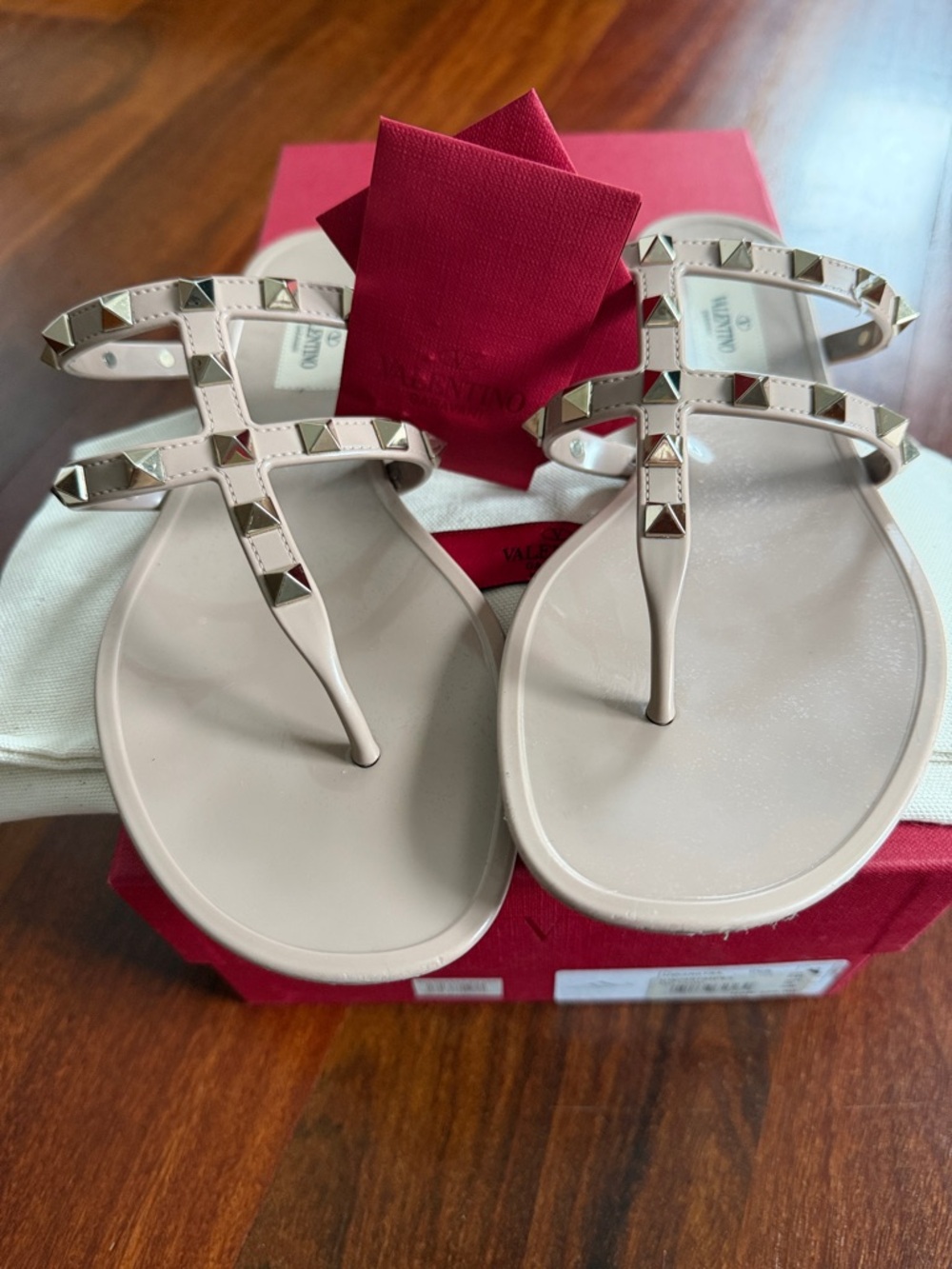 Valentino Beige Rockstud Jelly T-Strap Sandals